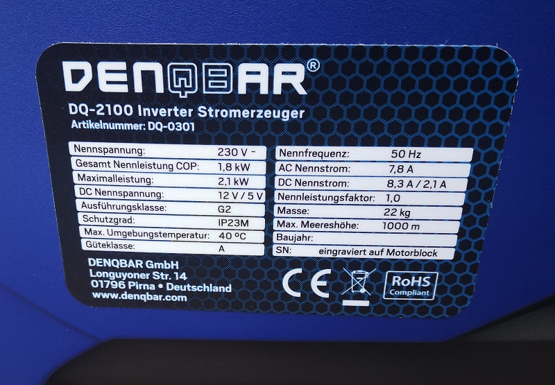 Die technischen Daten vom DENQBAR DQ-2100 Inverter Stromerzeuger Die technischen Daten vom DENQBAR DQ-2100 Inverter Stromerzeuger
